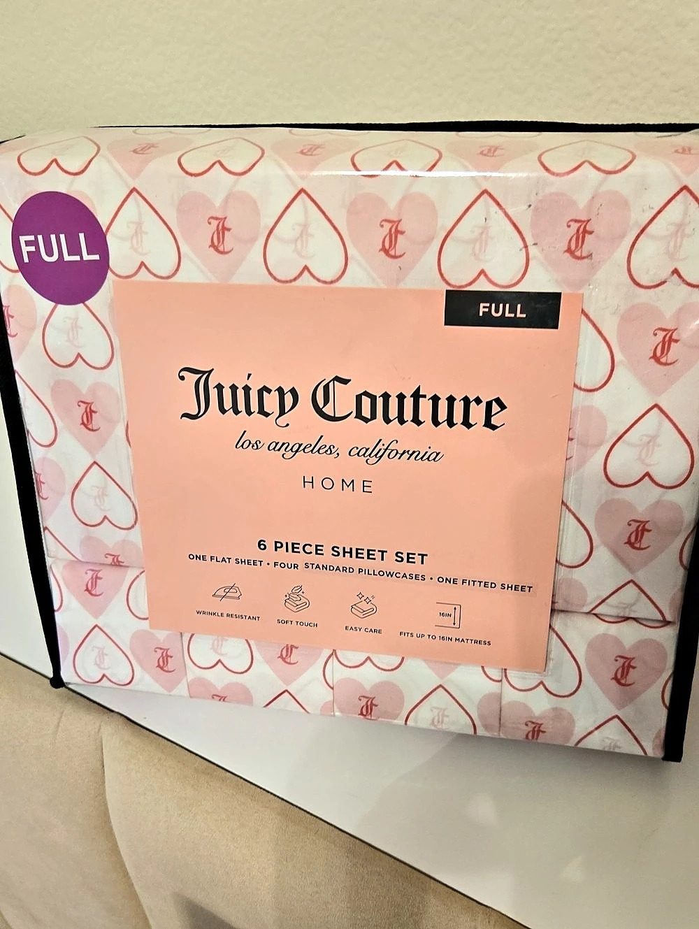 Juicy Couture Full 6 Piece Sheet Set Pink Hearts Logo Full Pink & White New